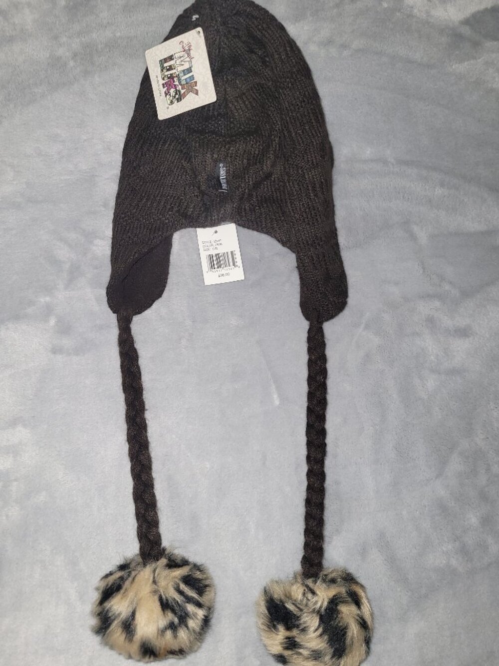 Muk Luks Beanie Hat One Size Faux Fur Ear Flaps Poms Brown Black Tan Leopard